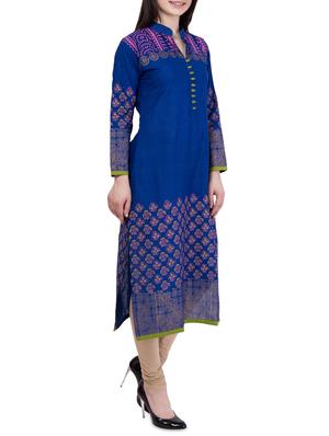 blue cotton straight kurta - 14241692 - Standard Image - 2