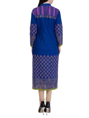 blue cotton straight kurta - 14241692 - Standard Image - 3
