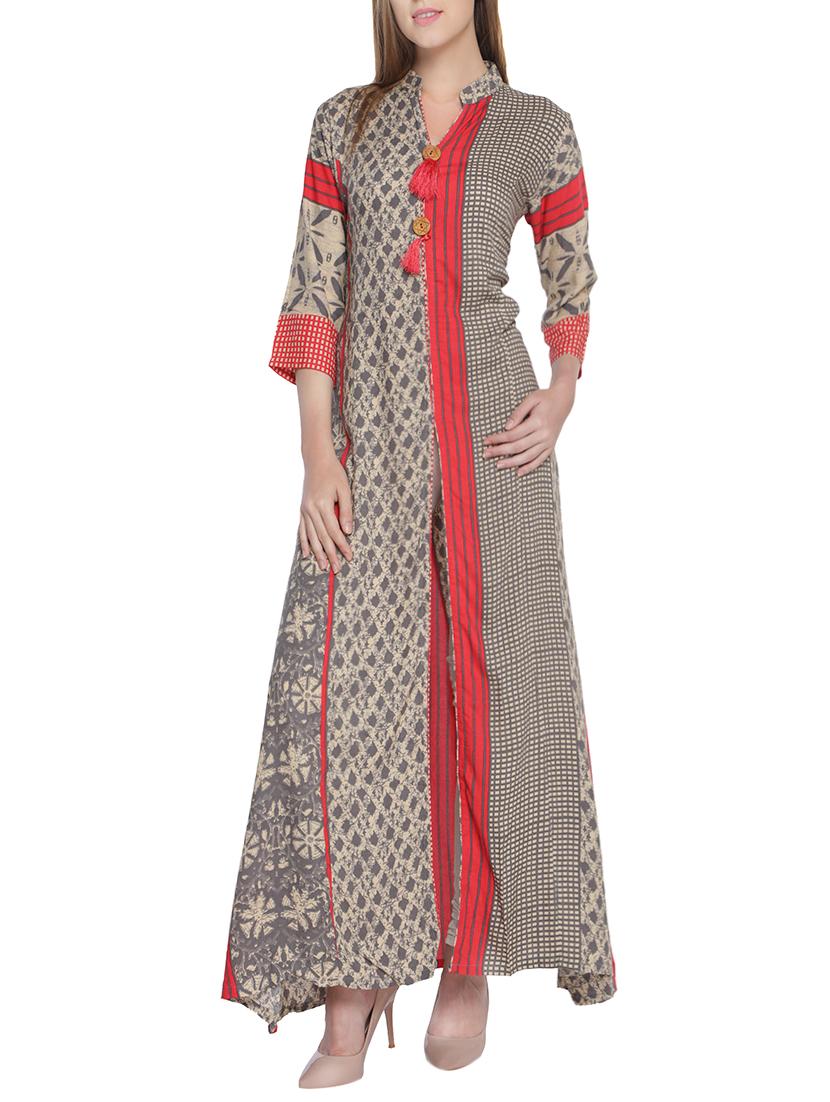 beige rayon high slit kurta - 14251882 - Zoom Image - 1