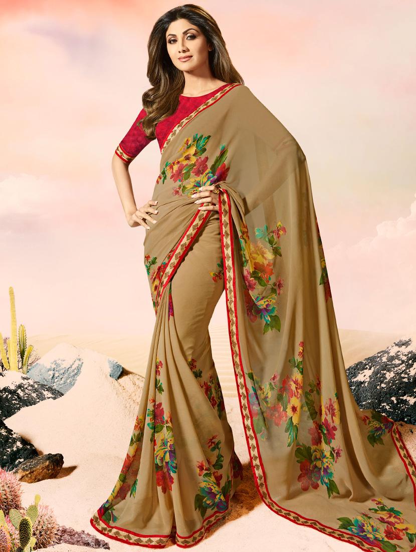 brown printed georgette saree with blouse - 14268671 - Zoom Image - 1