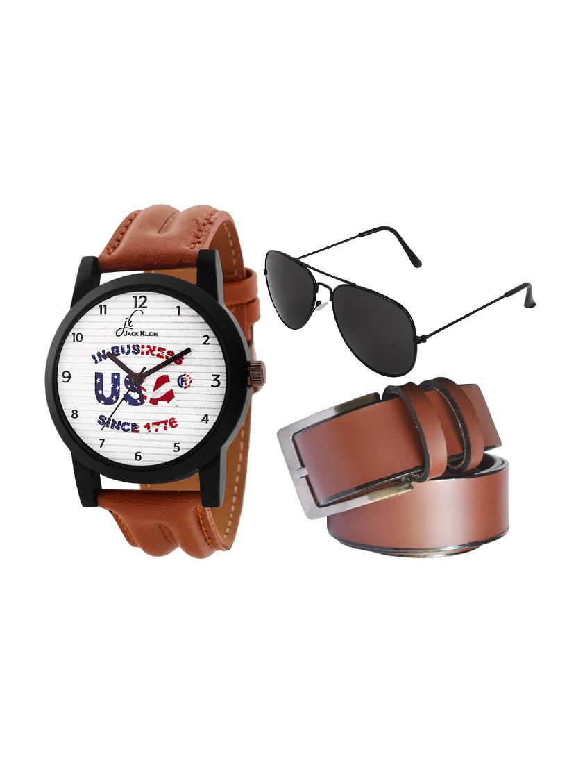 Jack Klein Stylish White Dial Brown Strap Analog Wrist Watch With Brown Belt And Aviator Glasses - 14279126 - Zoom Image - 1