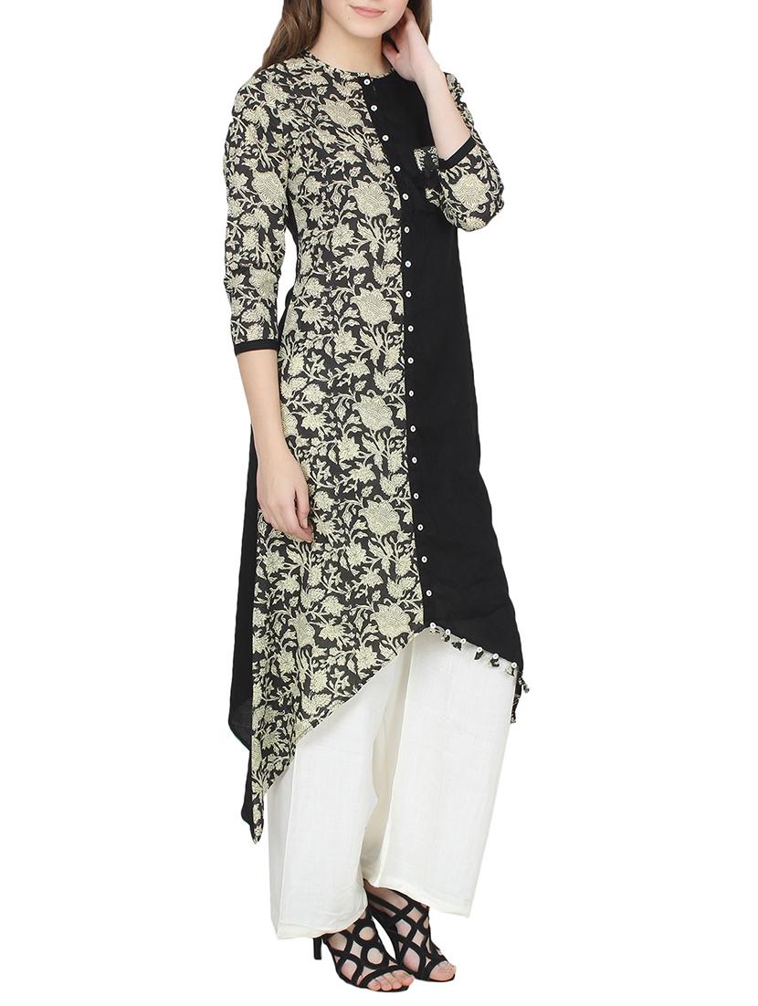 black viscose asymmetric kurta - 14322099 - Zoom Image - 2