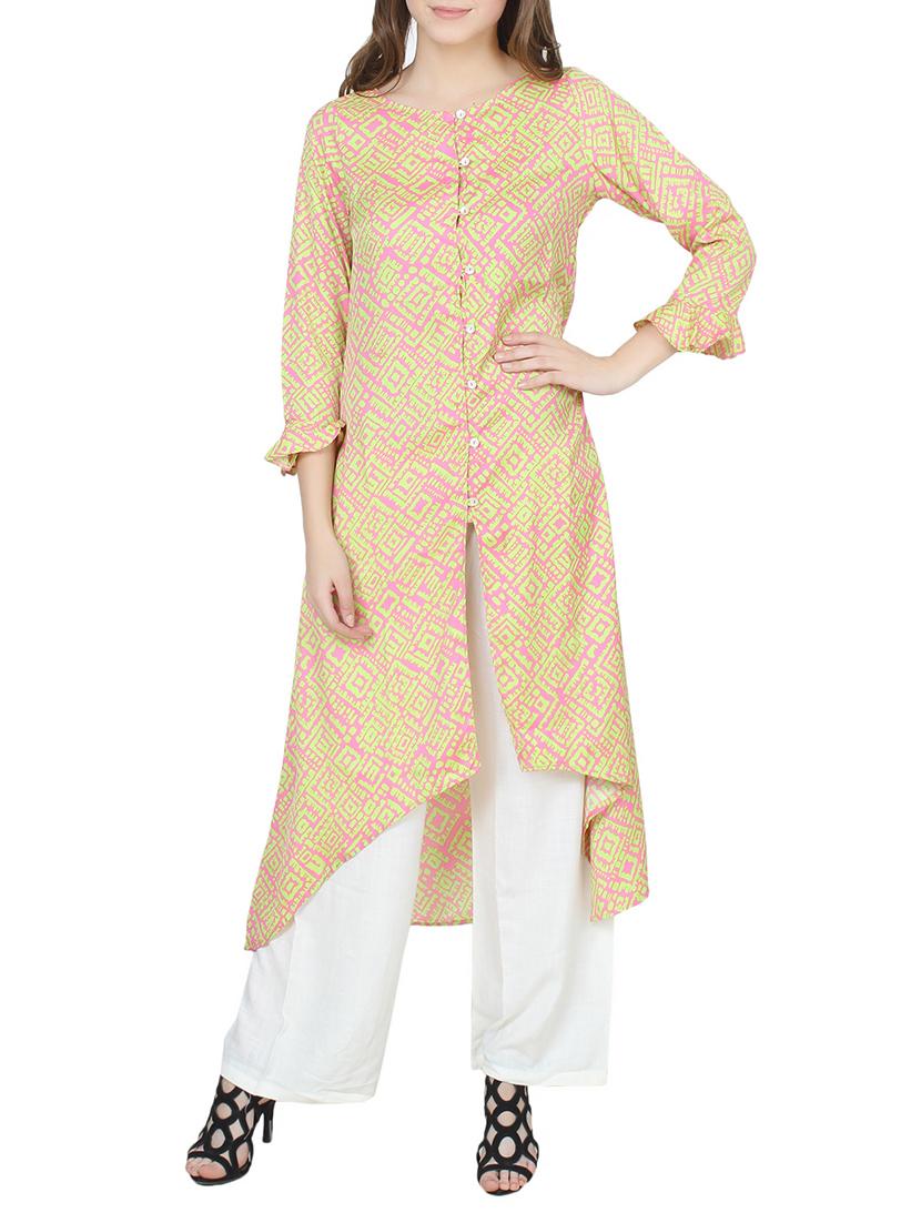 beige poly silk high-low kurta - 14322101 - Zoom Image - 1