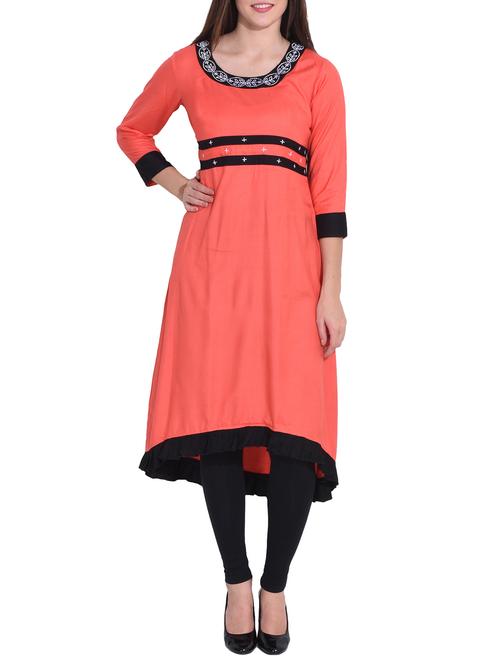 orange rayon high low kurta - 14329247 - Standard Image - 1