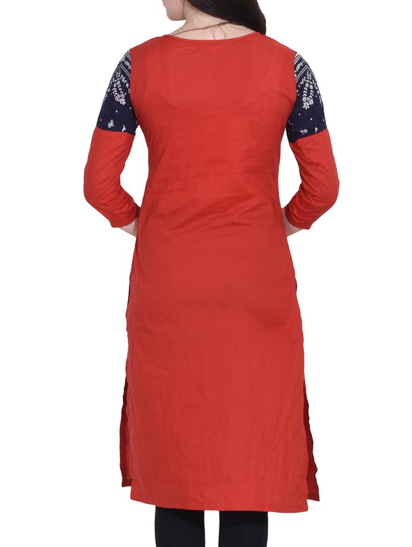 red cotton straight kurta - 14329257 - Zoom Image - 3