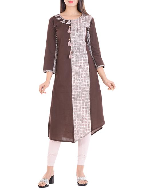 brown cotton asymmetric kurta - 14338687 - Standard Image - 1