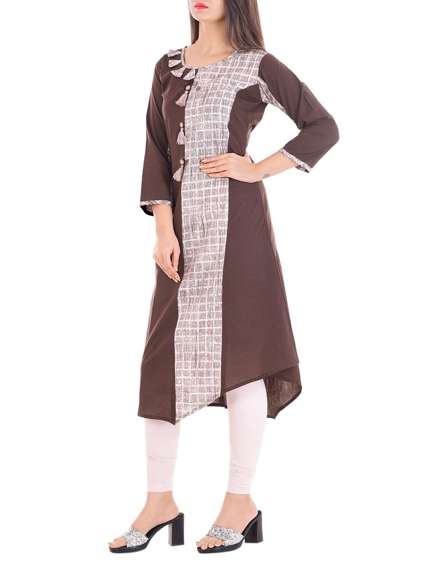 brown cotton asymmetric kurta - 14338687 - Zoom Image - 2