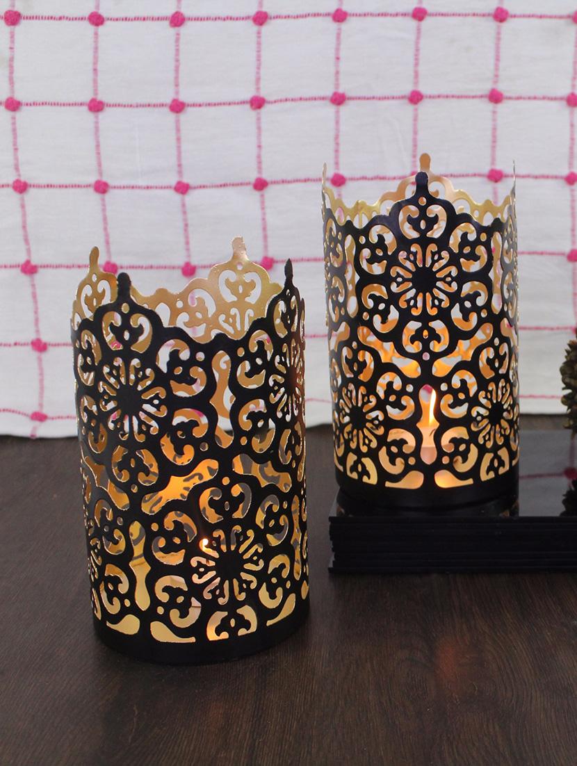hosley set of 2 black-gold metal sleeve - with free 6 unscented tealights - 14350112 - Zoom Image - 2