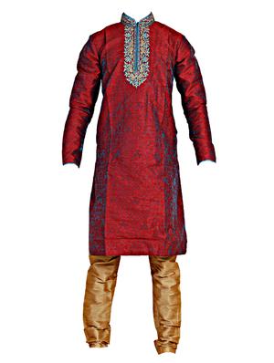 red and brown silk blend kurta set - 14352800 - Standard Image - 1