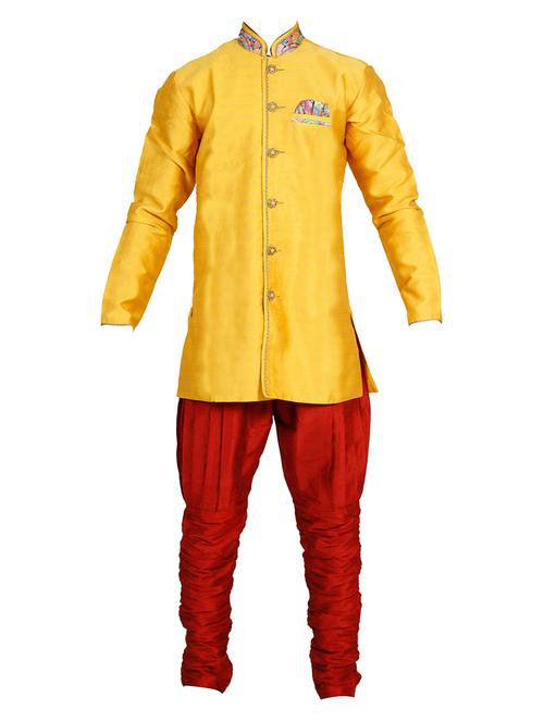 yellow and red silk blend sherwani set - 14352803 - Standard Image - 1