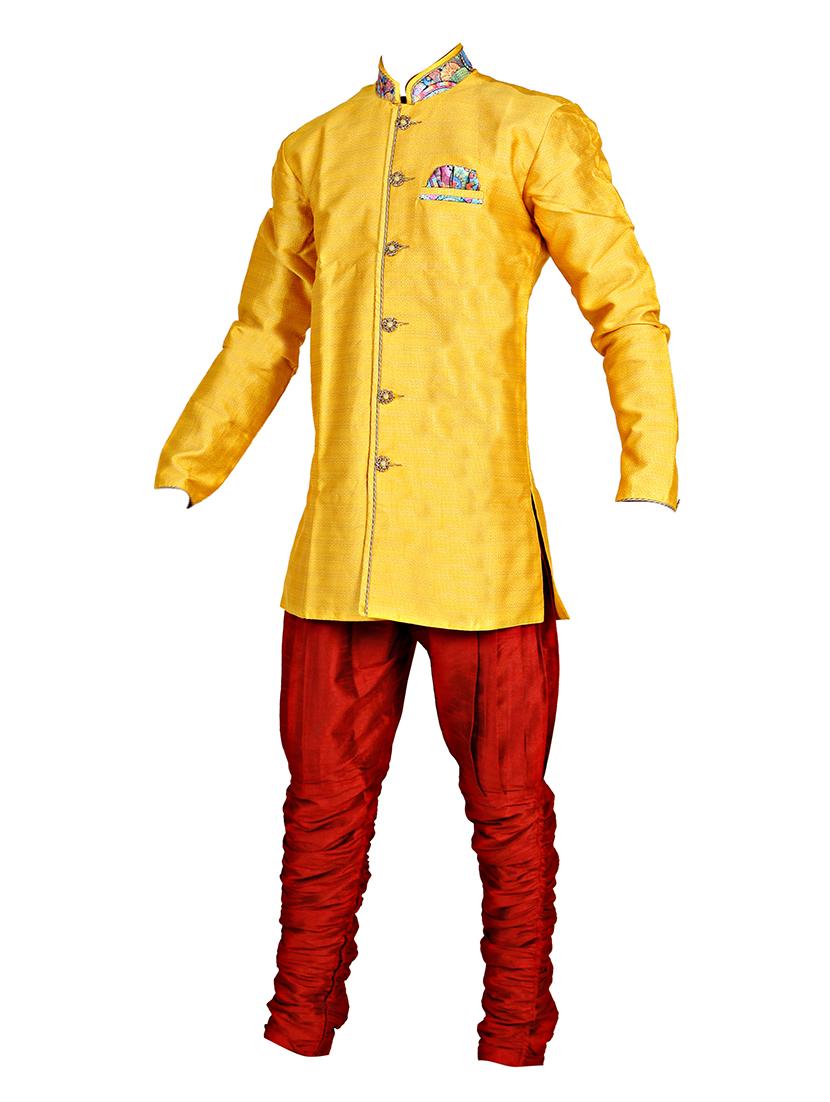 yellow and red silk blend sherwani set - 14352803 - Zoom Image - 2