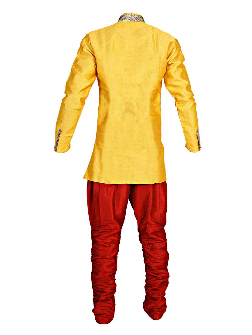 yellow and red silk blend sherwani set - 14352803 - Zoom Image - 3