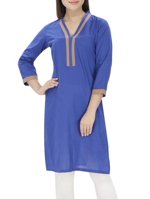 blue cotton straight kurta - 14354166 - Standard Image - 1