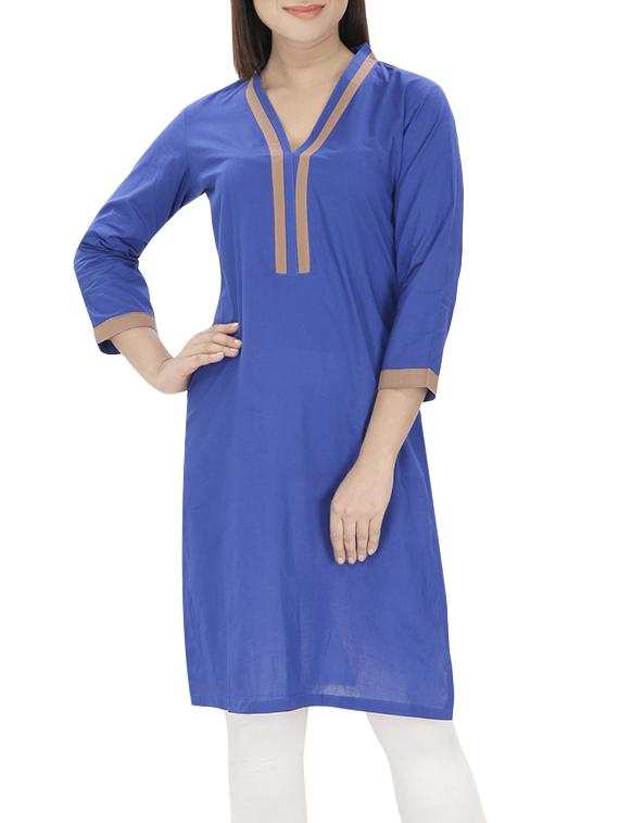 blue cotton straight kurta - 14354166 - Zoom Image - 1