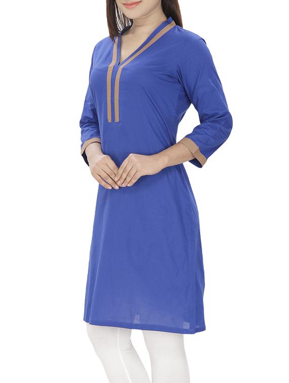 blue cotton straight kurta - 14354166 - Zoom Image - 2