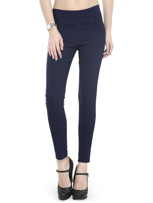 navy blue polka dots printed cotton lycra jeggings - 14366639 - Standard Image - 1