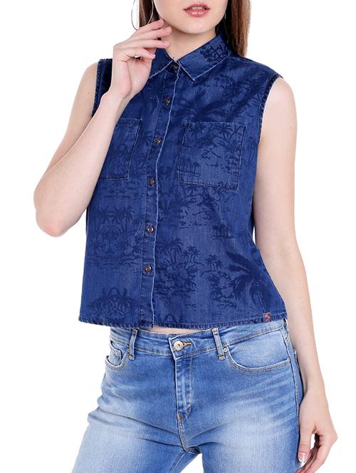 blue denim crop shirt - 14367873 - Standard Image - 1