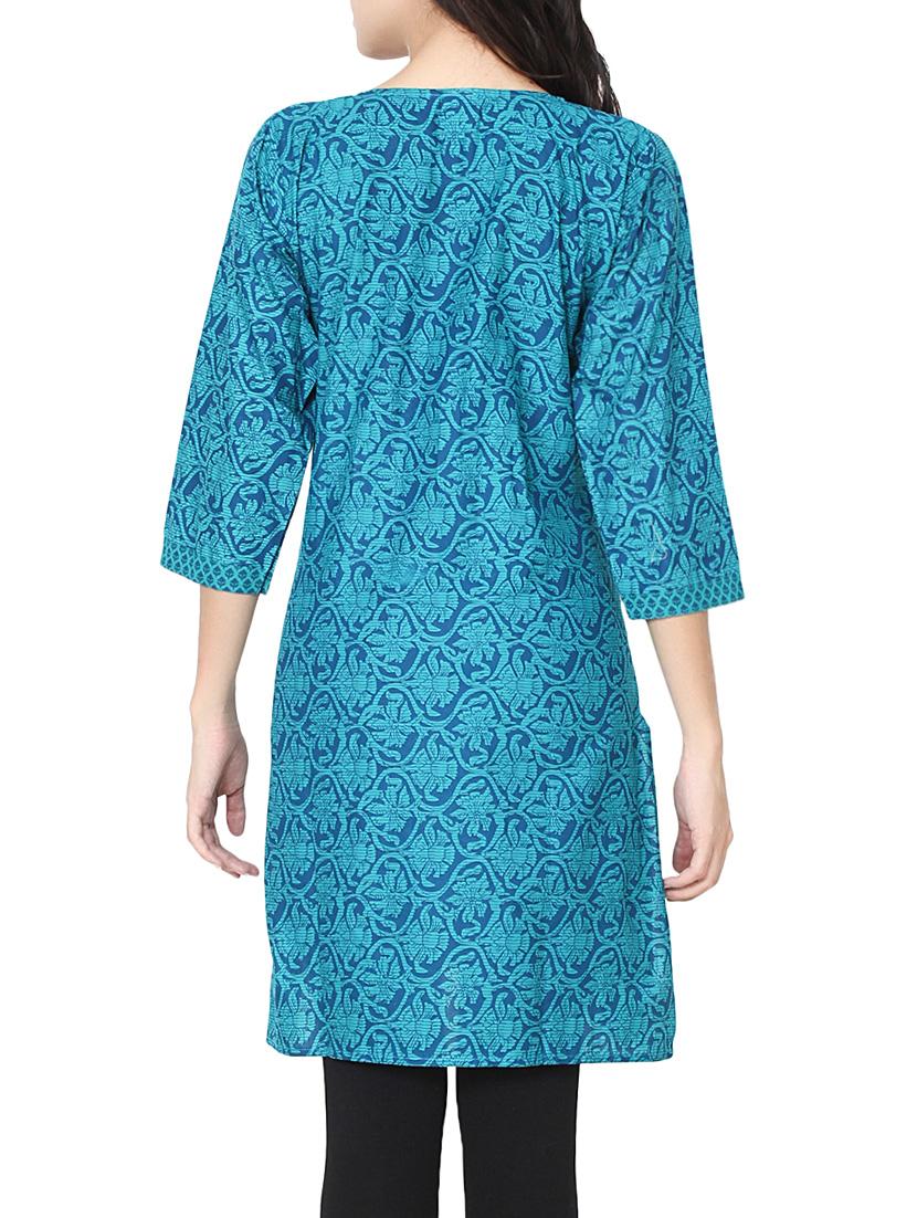 sky blue cotton straight kurta - 14369404 - Zoom Image - 3