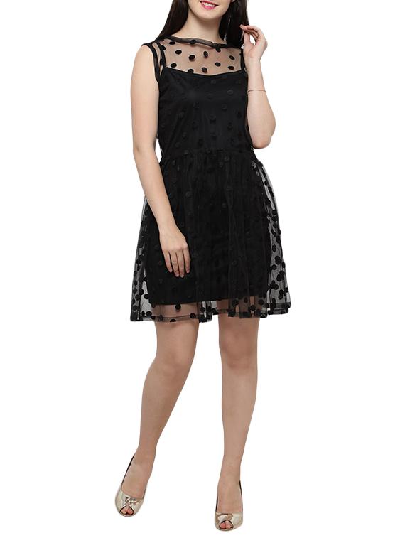 black cotton polyester blend fit & flare dress