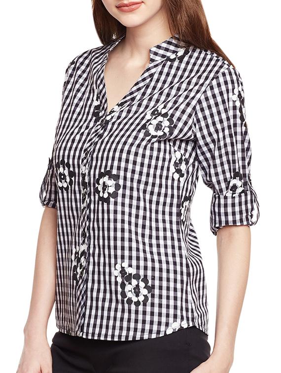 checkered mandarin collar shirt - 14372633 - Zoom Image - 2