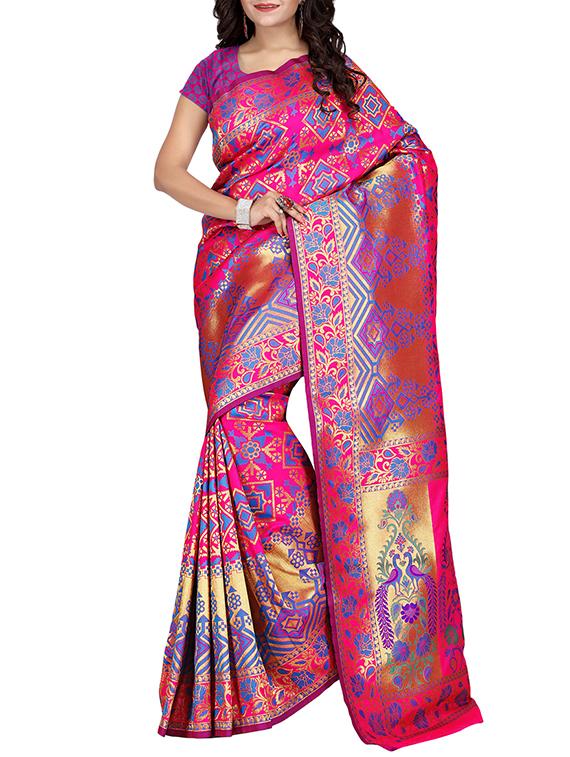pink silk blend patola saree with blouse - 14373979 - Zoom Image - 1