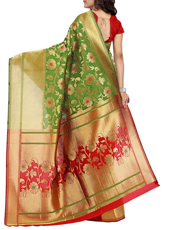 green & red silk blend banarasi saree with blouse - 14374041 - Zoom Image - 2
