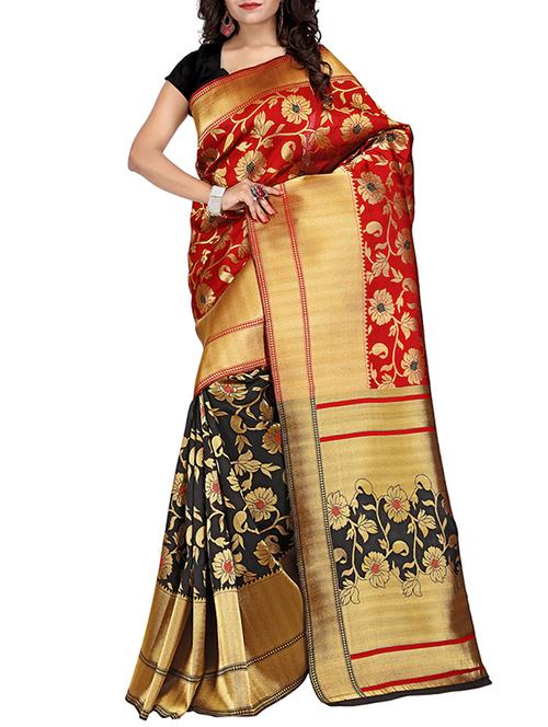 Red & Black Silk Blend Banarasi Saree with blouse - 14374042 - Standard Image - 1
