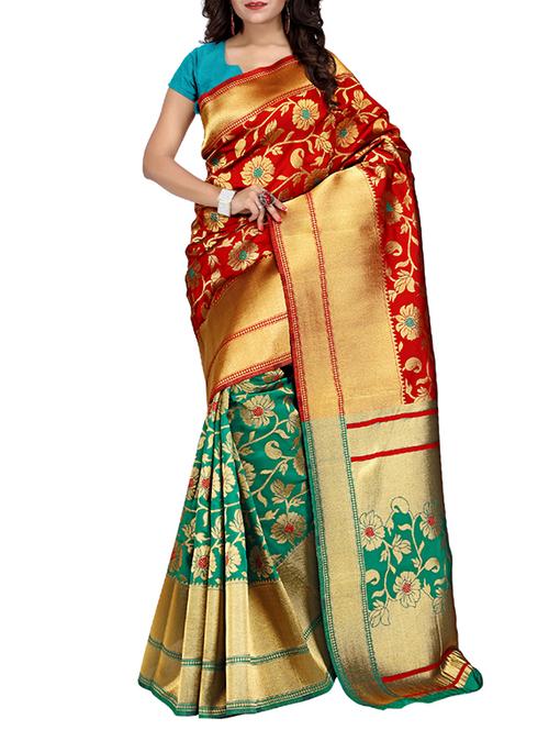 red & green silk blend banarasi saree with blouse - 14374044 - Standard Image - 1