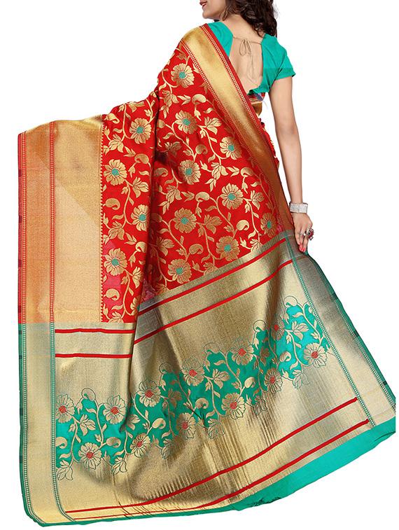 red & green silk blend banarasi saree with blouse - 14374044 - Zoom Image - 2