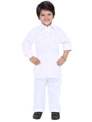 solid white cotton pathani kurta set - 14375236 - Standard Image - 4