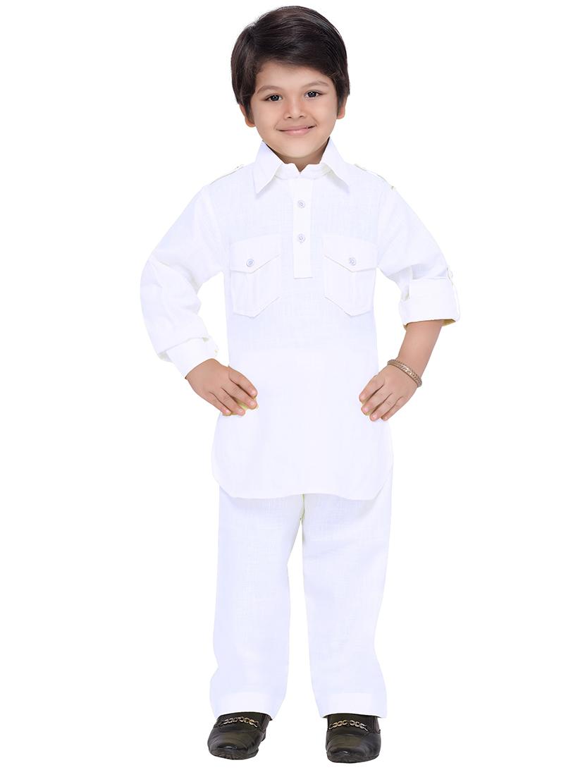 solid white cotton pathani kurta set - 14375236 - Zoom Image - 4