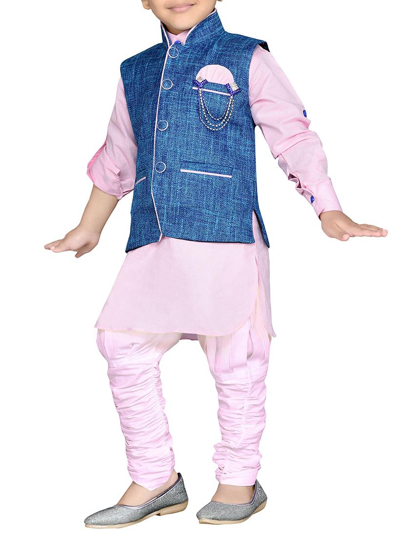 pink cotton kurta, pyjama & waistcoat set - 14375248 - Zoom Image - 2