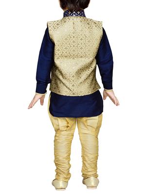 blue silk blend kurta, pyjama & waistcoat set - 14375251 - Standard Image - 3