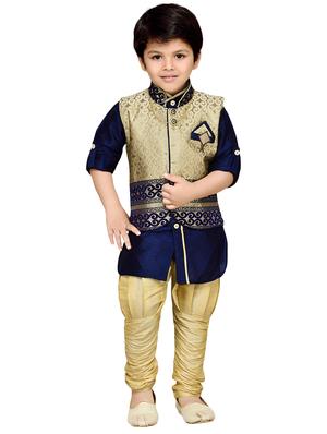 blue silk blend kurta, pyjama & waistcoat set - 14375251 - Standard Image - 4
