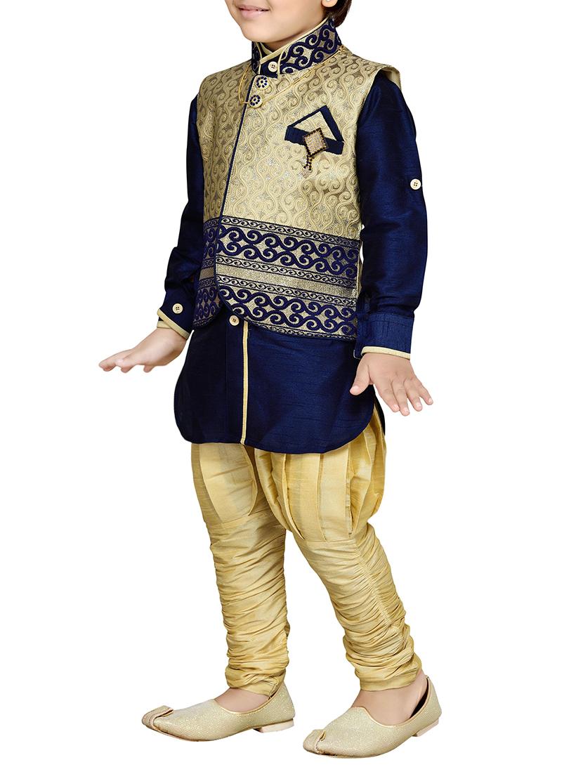 blue silk blend kurta, pyjama & waistcoat set - 14375251 - Zoom Image - 2