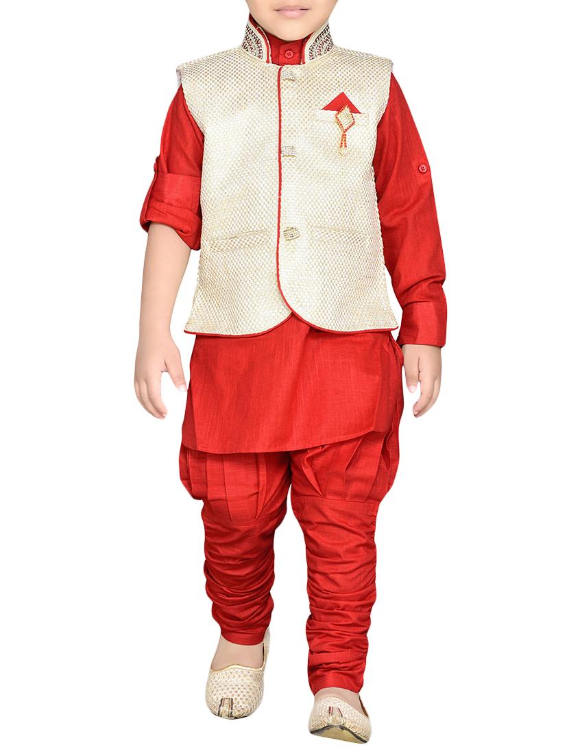 red silk blend kurta, pyjama & waistcoat set - 14375254 - Zoom Image - 1