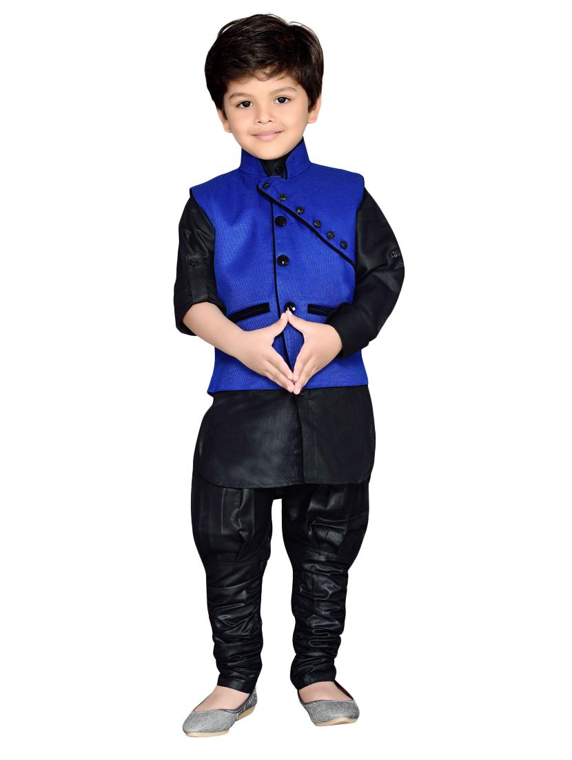 blue silk blend kurta, pyjama & waistcoat set - 14375257 - Zoom Image - 4