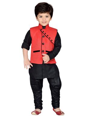 red silk blend kurta, pyjama & waistcoat set - 14375258 - Standard Image - 4