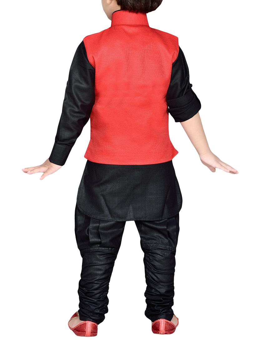 red silk blend kurta, pyjama & waistcoat set - 14375258 - Zoom Image - 3