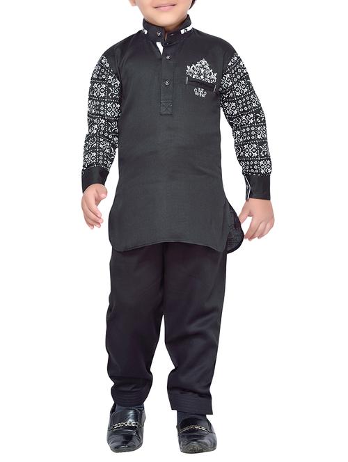 black cotton kurta, pyjama & waistcoat set - 14375265 - Standard Image - 1