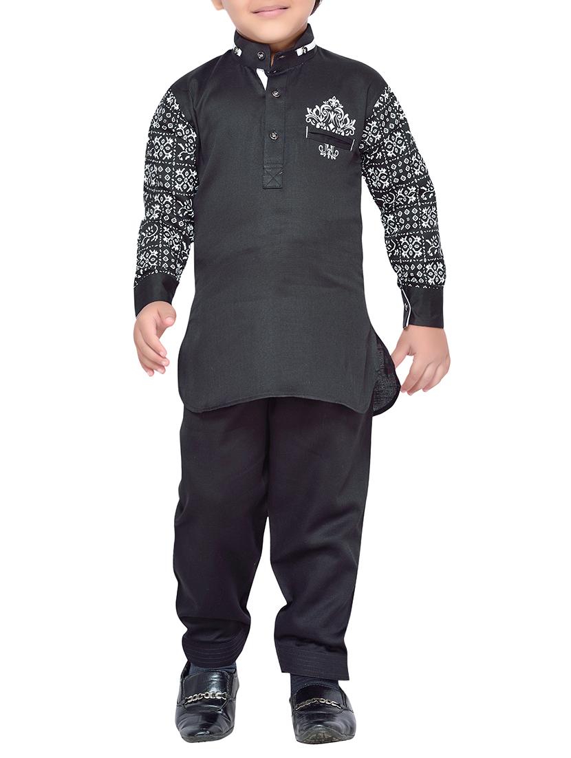 black cotton kurta, pyjama & waistcoat set - 14375265 - Zoom Image - 1