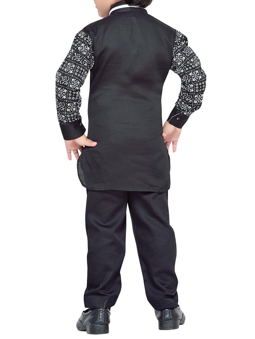 black cotton kurta, pyjama & waistcoat set - 14375265 - Zoom Image - 3