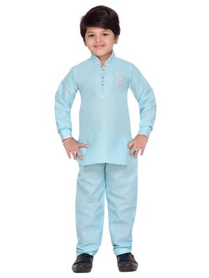 light blue cotton kurta pyjama set - 14375303 - Standard Image - 4