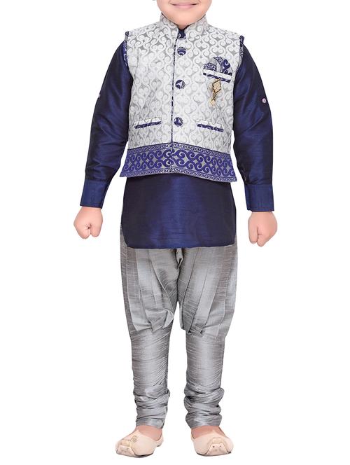 silver silk blend kurta set - 14375516 - Standard Image - 1