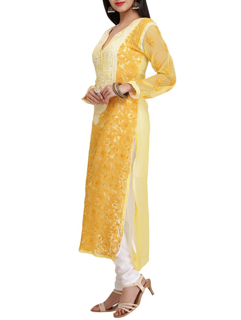 ada yellow georgette long kurta - 14377157 - Zoom Image - 2