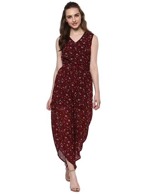 red floral printed georgette full leg jumpsuit - 14381049 - Standard Image - 1