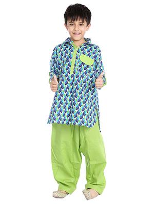 blue and green cotton pyjama kurta set - 14382936 - Standard Image - 4