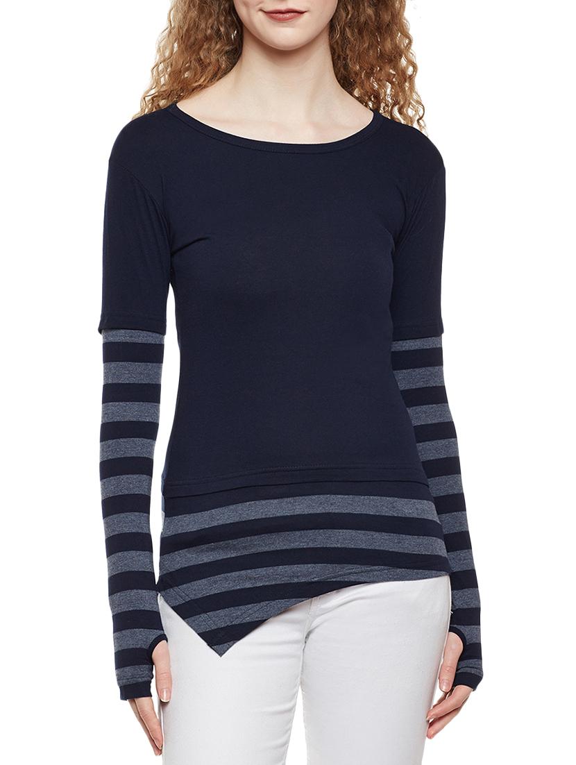 thumb hole sleeved striped tee - 14384013 - Zoom Image - 1