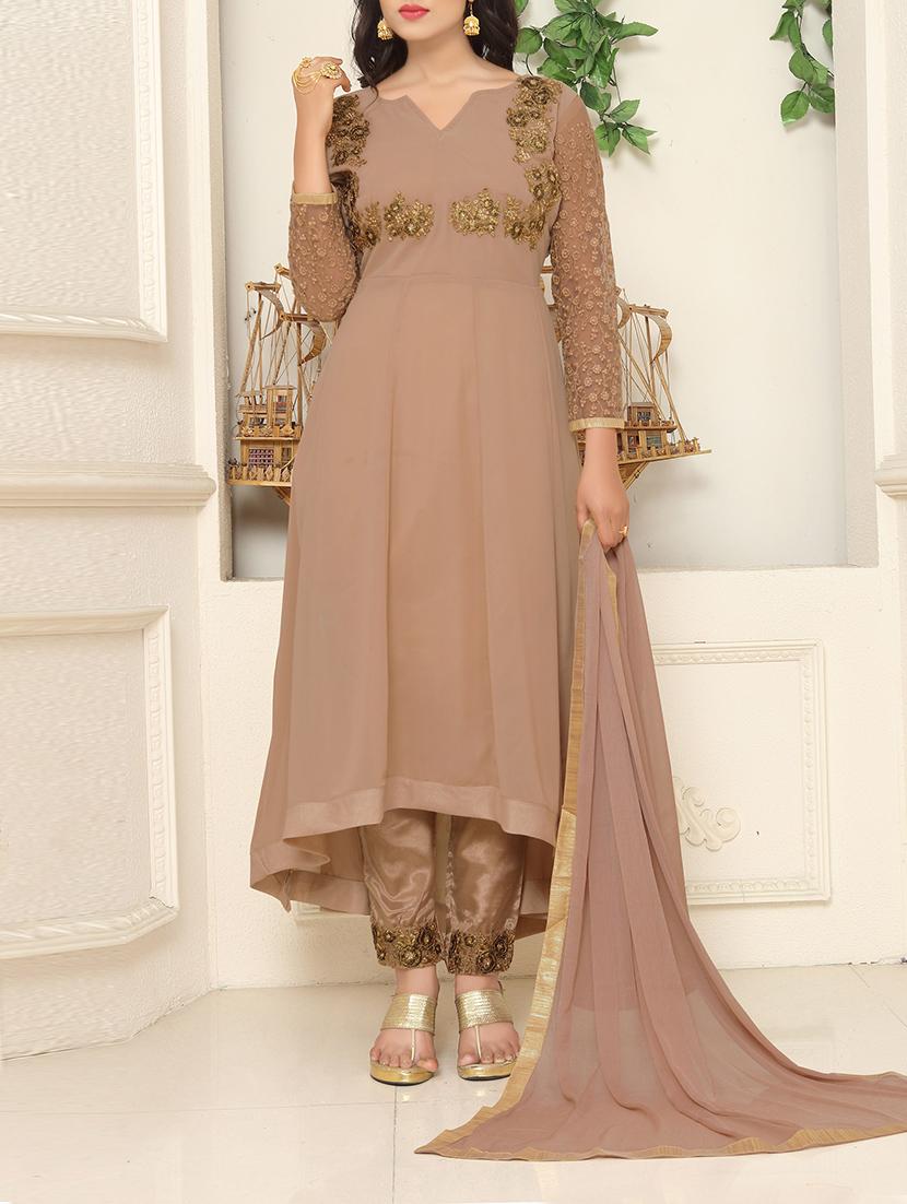 beige high low semi-stitched suit