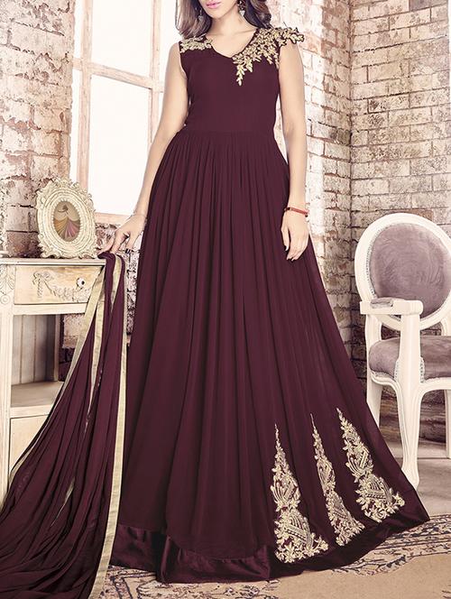 brown georgette semi-stitched flared suit - 14385899 - Standard Image - 1